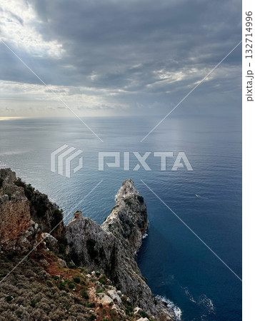 stone wall ruins mountain sea horizon cloudy. High quality photo 132714996