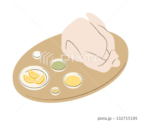 Raw turkey and spices on cutting board isolated on white background Raw turkey and spices on cutting board isolated on white background 132715195