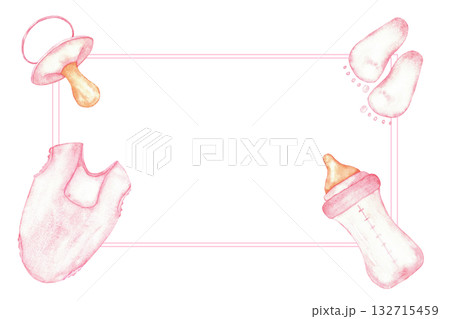 Pink baby frame for gender reveal celebration and party design. Watercolor illustration for baby shower, baptism, boy or girl party. Horizontal template. Hand drawn. Copy space. For invitation Pink baby frame for gender reveal celebration and party design. Watercolor illustration for baby shower, baptism, boy or girl party. Horizontal template. Hand drawn. Copy space. For invitation 132715459