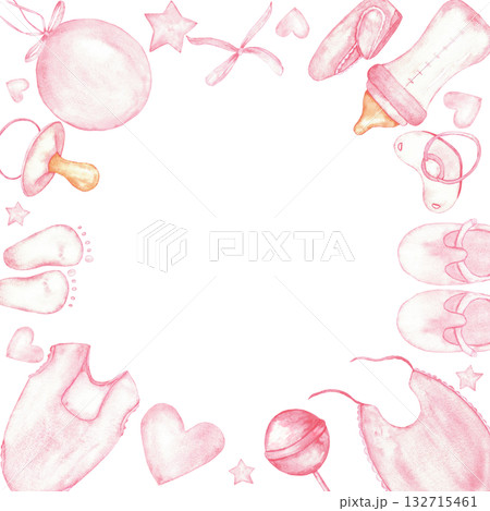 Pink themed gender reveal party frame for celebrations and invitations. Template for baby shower, baptism, boy or girl party. Watercolor illustration. Isolated. Hand drawn. Copy space 132715461