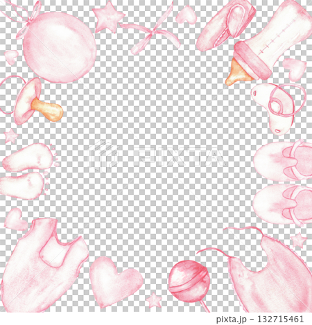 Pink themed gender reveal party frame for celebrations and invitations. Template for baby shower, baptism, boy or girl party. Watercolor illustration. Isolated. Hand drawn. Copy space 132715461