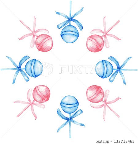 Colorful wreath of blue and pink lollipops with decorative bows for party decor and festive celebration. Template for gender reveal party, baby shower, baptism, boy or girl party. Isolated. Hand drawn 132715463