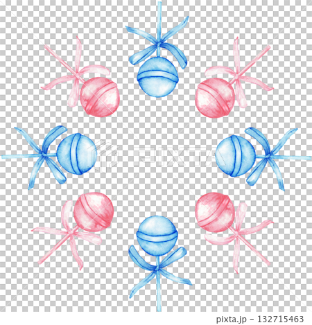 Colorful wreath of blue and pink lollipops with decorative bows for party decor and festive celebration. Template for gender reveal party, baby shower, baptism, boy or girl party. Isolated. Hand drawn 132715463