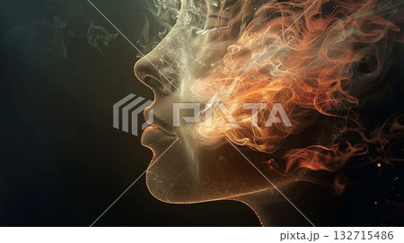 A profile view of a woman surrounded by swirling smoke and fire elements against a dark background, representing transformation, self-discovery, thinking process. 132715486