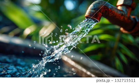 Water streaming from a rustic faucet in sunlight, representing purity, life, and environmental awareness Water streaming from a rustic faucet in sunlight, representing purity, life, and environmental awareness 132715511