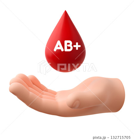 Human hand holding single blood drop with the AB+ blood type symbol, representing donation, rare blood groups, transfusion medicine isolated transparent background 132715705