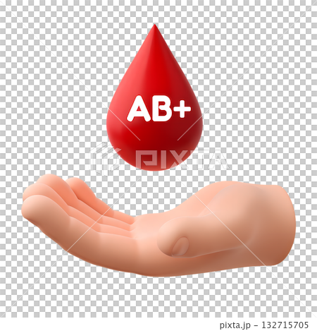 Human hand holding single blood drop with the AB+ blood type symbol, representing donation, rare blood groups, transfusion medicine isolated transparent background 132715705