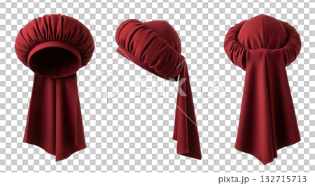 Traditional red turban hat headdress shown from different angles for historical arabic costume 132715713