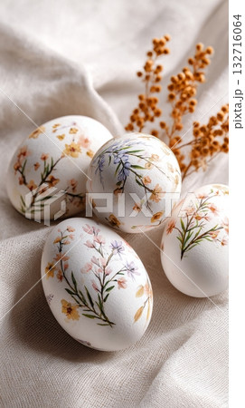 Colorfully Decorated Eggs Resting on a Soft Fabric Background With Small Dried Flowers Nearby 132716064