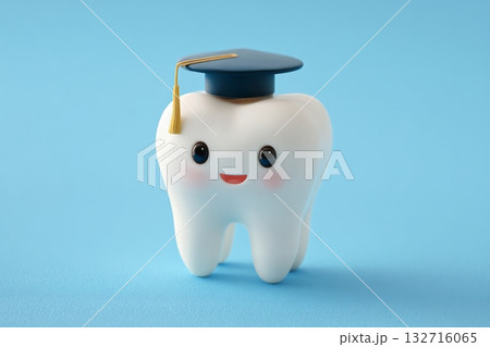 Happy Tooth Character Celebrating Graduation With a Cap on a Blue Background Happy Tooth Character Celebrating Graduation With a Cap on a Blue Background 132716065