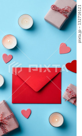 Bright Red Envelope and Gifts Surrounded by Candles and Hearts on a Blue Background Create a Festive Scene 132716121