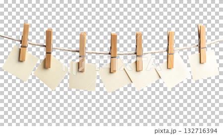Blank white papers or notes hanging on rope with wooden clothespins, isolated on transparent background. Ideal for adding your own text or content 132716394
