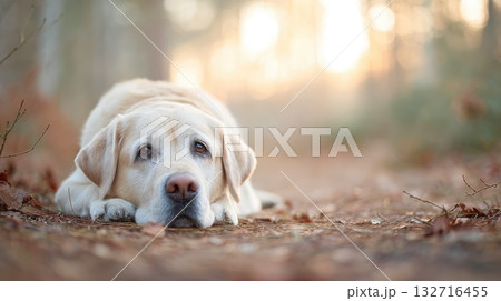 White Labrador resting on autumn forest path at sunrise 132716455