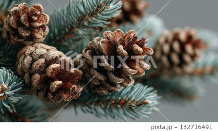 Close up of frosted pine cones on fir tree branch for winter decor Close up of frosted pine cones on fir tree branch for winter decor 132716491