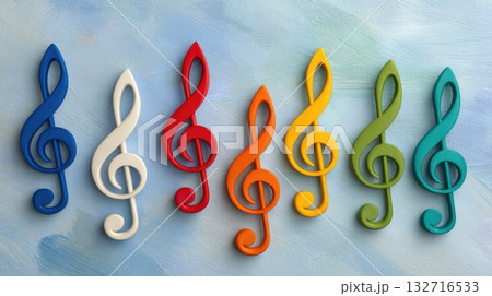 Colorful Treble Clef Symbols Arranged on Artistic Pastel Surface Colorful Treble Clef Symbols Arranged on Artistic Pastel Surface 132716533