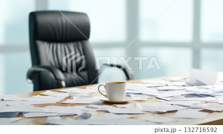 Messy Office Desk with Coffee Cup and Scattered Papers 132716592