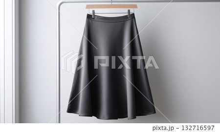 Elegant Black Satin Skirt Hanging on Clothing Rack 132716597