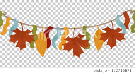 Autumn garland of ribbons and leaves, festive watercolor seamless border in autumn colors. Design element for printing, children's prints, and decorations. Highlighted, isolated Autumn garland of ribbons and leaves, festive watercolor seamless border in autumn colors. Design element for printing, children's prints, and decorations. Highlighted, isolated 132716671