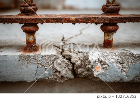 Rusted metal railing above cracked concrete surface showing decay and corrosion Rusted metal railing above cracked concrete surface showing decay and corrosion 132716852
