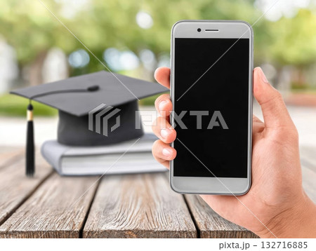 Smartphone and Graduation Cap on Wooden Table Smartphone and Graduation Cap on Wooden Table 132716885