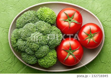 Broccoli and Tomatoes Close-up on Plate Broccoli and Tomatoes Close-up on Plate 132716945