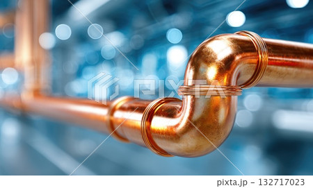Shiny copper industrial pipe with bokeh background Shiny copper industrial pipe with bokeh background 132717023