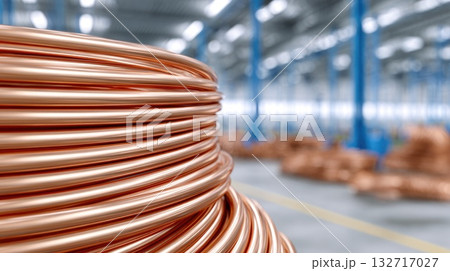 Coiled copper tube roll stored in modern manufacturing factory 132717027