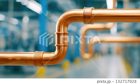 Copper pipeline connection joint in industrial facility interior 132717028