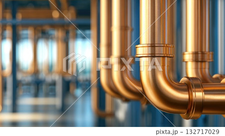 Industrial copper piping network with multiple curved connections 132717029