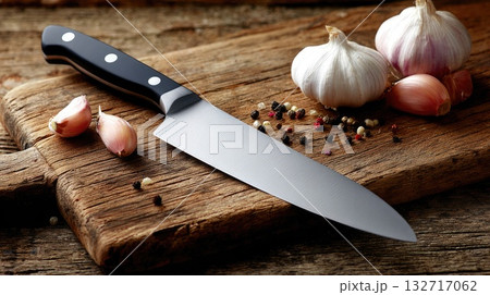 Garlic and pepper with chef knife on cutting board 132717062