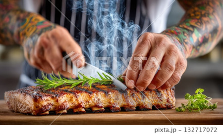 Chef Seasoning Barbecue Ribs with Rosemary Chef Seasoning Barbecue Ribs with Rosemary 132717072