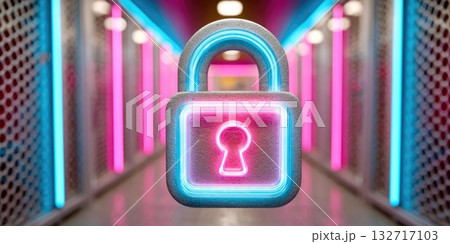 Neon padlock glowing with pink and blue lights in futuristic data corridor 132717103
