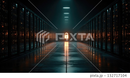 Bright glowing padlock symbolizing data security in futuristic server hall Bright glowing padlock symbolizing data security in futuristic server hall 132717104