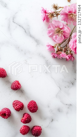 Fresh Raspberries and Pink Flowers on a Marble Surface Create a Vibrant and Inviting Kitchen Scene Fresh Raspberries and Pink Flowers on a Marble Surface Create a Vibrant and Inviting Kitchen Scene 132717464