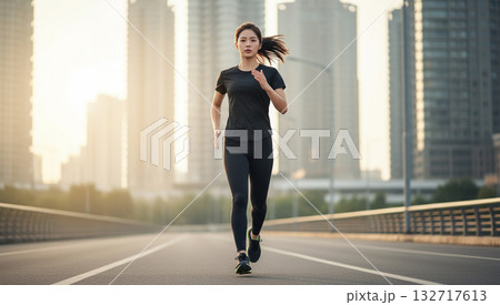 街中でジョギングするランニングウェアの女性 132717613