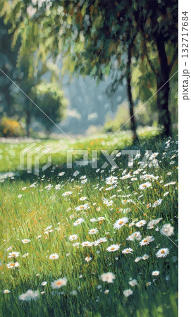 Bright Field With Daisies Under Gentle Sunlight in a Peaceful Park Setting 132717684