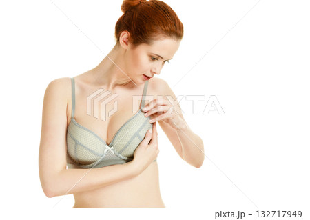 Attractive slim woman in grey matching underwear 132717949