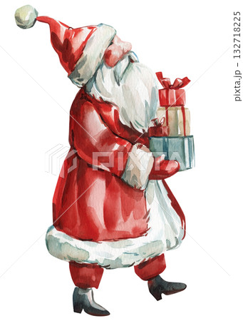 Watercolor Santa in red coat with white beard holding gift boxes festive winter illustration for holiday greeting and decor design Watercolor Santa in red coat with white beard holding gift boxes festive winter illustration for holiday greeting and decor design 132718225