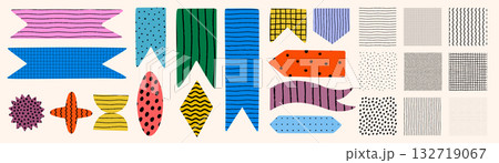 Pattern collection and colorful shapes, ribbons, decorated with stripes, dots, grids, and waves. Shapes and patterns with crayon and doodle texture. Drag to swatches panel to use Pattern collection and colorful shapes, ribbons, decorated with stripes, dots, grids, and waves. Shapes and patterns with crayon and doodle texture. Drag to swatches panel to use 132719067