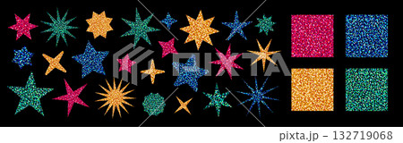 Glitter seamless patterns and stickers in the shape of stars on darl background. Sparkling vector sequin textures with shine effect, for stickers, DIY crafts, christmas wrapping. Drag to swatches. Glitter seamless patterns and stickers in the shape of stars on darl background. Sparkling vector sequin textures with shine effect, for stickers, DIY crafts, christmas wrapping. Drag to swatches. 132719068