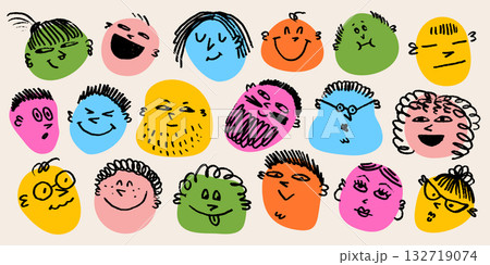Colorful doodle face set with hand drawn crayon texture. Funny emoji icons and diverse people expressions in sketch vector style. Great for stickers, cards, posters, and branding 132719074