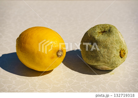 Healthy and rotten lemon fruits Healthy and rotten lemon fruits 132719318