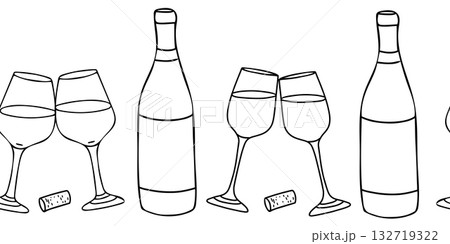 Wine graphic Seamless border, pattern. Wine Bottle, Cork and clinking Glasses. Hand drawn Vector illustration in Doodle style. For restaurant menus, wallpaper design. 132719322