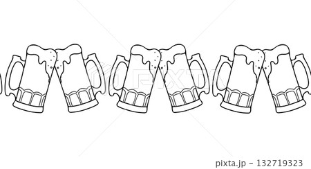 Beer Seamless border, pattern. Toasting full beer mugs with a foam. Hand drawn Black and White graphic Vector illustration in Doodle style. For St. Patricks Day and Traditional German Octoberfest Beer Seamless border, pattern. Toasting full beer mugs with a foam. Hand drawn Black and White graphic Vector illustration in Doodle style. For St. Patricks Day and Traditional German Octoberfest 132719323