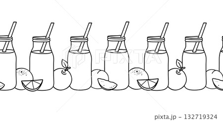 Fruits Smoothies seamless border, pattern. Apple, Peach, Orange. Detox Cocktails in the bottle with straw. Healthy Drink Vector illustration in Doodle style. For packaging, wallpaper, menu design. 132719324