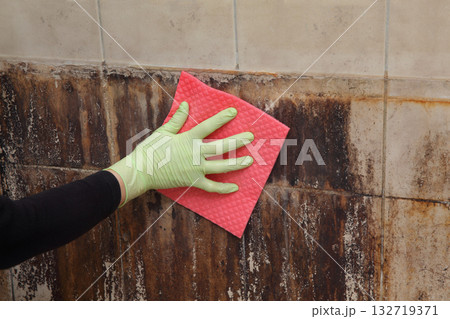 Female cleaning dirty tiles of bathroom wall Female cleaning dirty tiles of bathroom wall 132719371