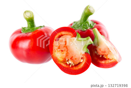 Sweet round peppers isolated on white background. Ripe round red paprika. Clipping path. Sweet round peppers isolated on white background. Ripe round red paprika. Clipping path. 132719398