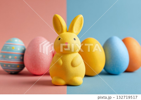Colorful Easter Decorations Featuring a Yellow Bunny and Vibrant Eggs on Pastel Backgrounds Colorful Easter Decorations Featuring a Yellow Bunny and Vibrant Eggs on Pastel Backgrounds 132719517