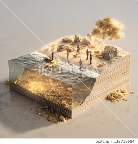 Artistic Representation of a Treasure Discovery at an Ocean Shore With Explorers and a Boat 132719684