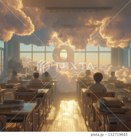 Students in a Classroom Looking at a Large Number Nine Surrounded by Clouds at Sunset 132719685